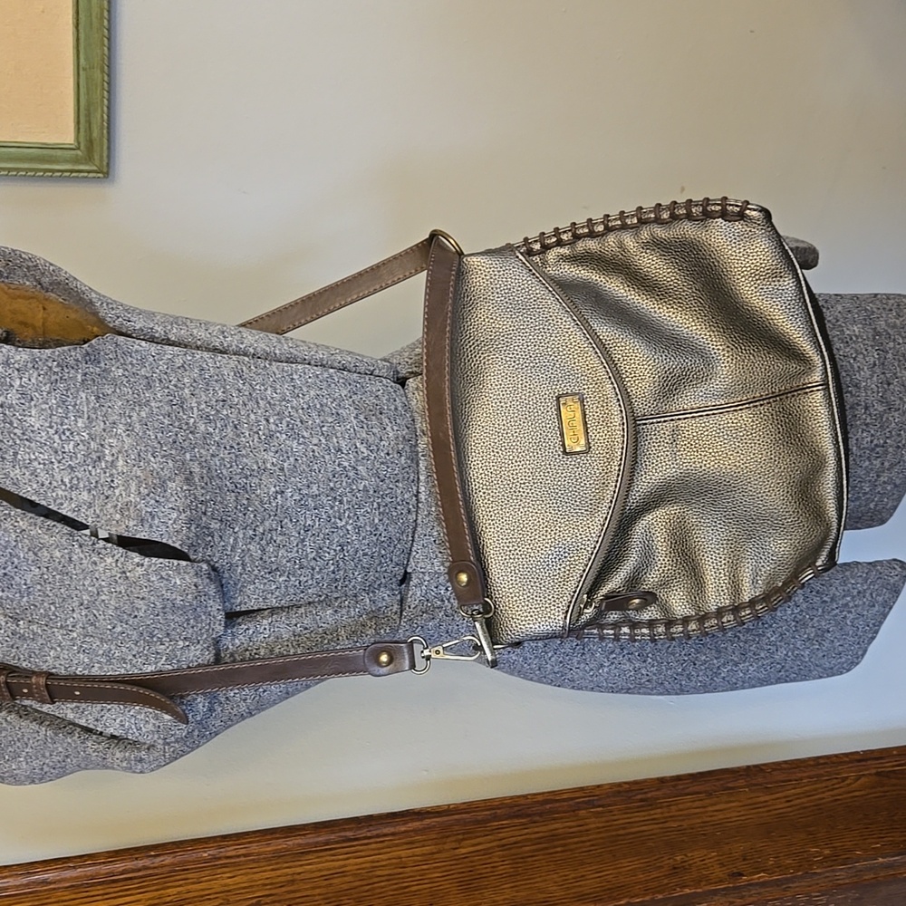 Chala Silver Gray and Brown Leather Fold Over Bag